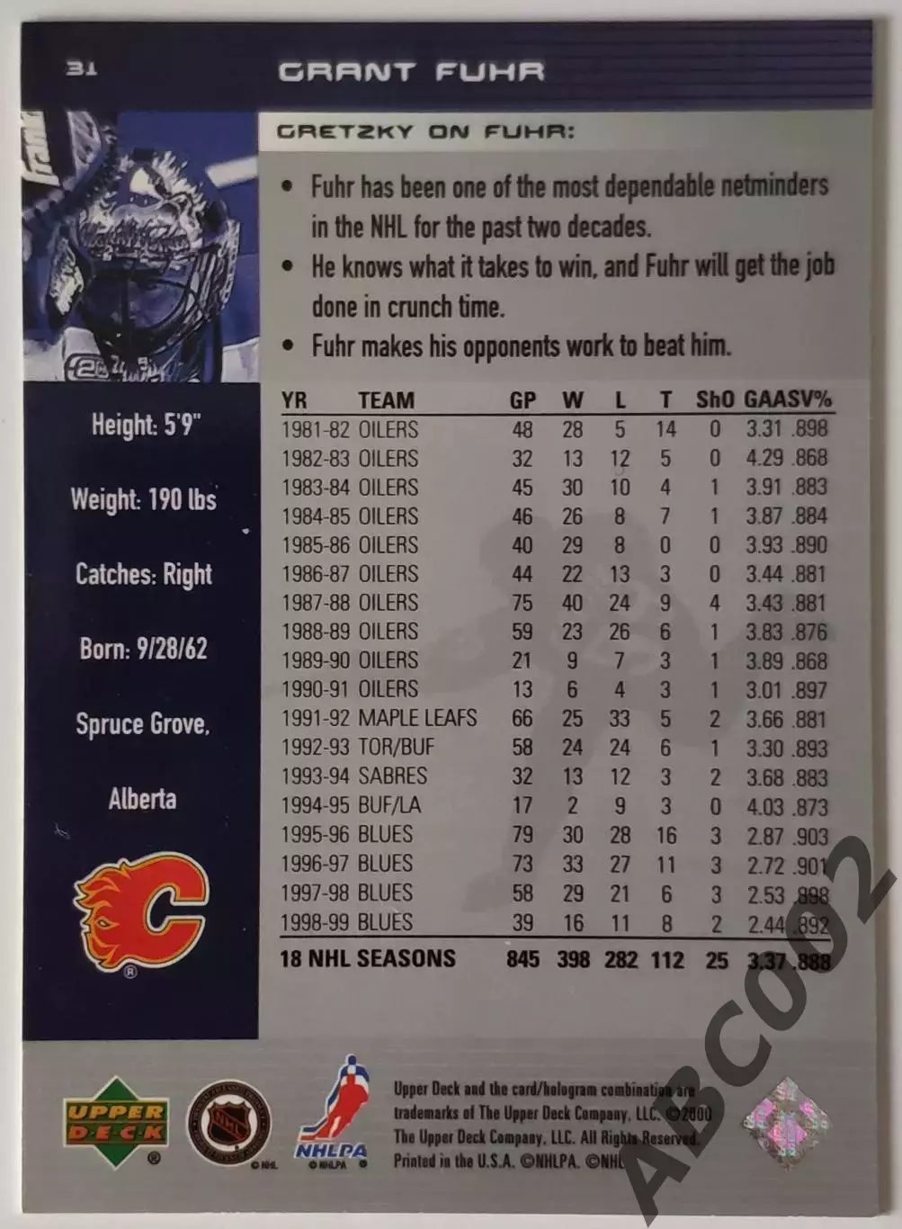 Карточка НХЛ / Grant Fuhr / Flames / Gretzky Hockey Leader 1