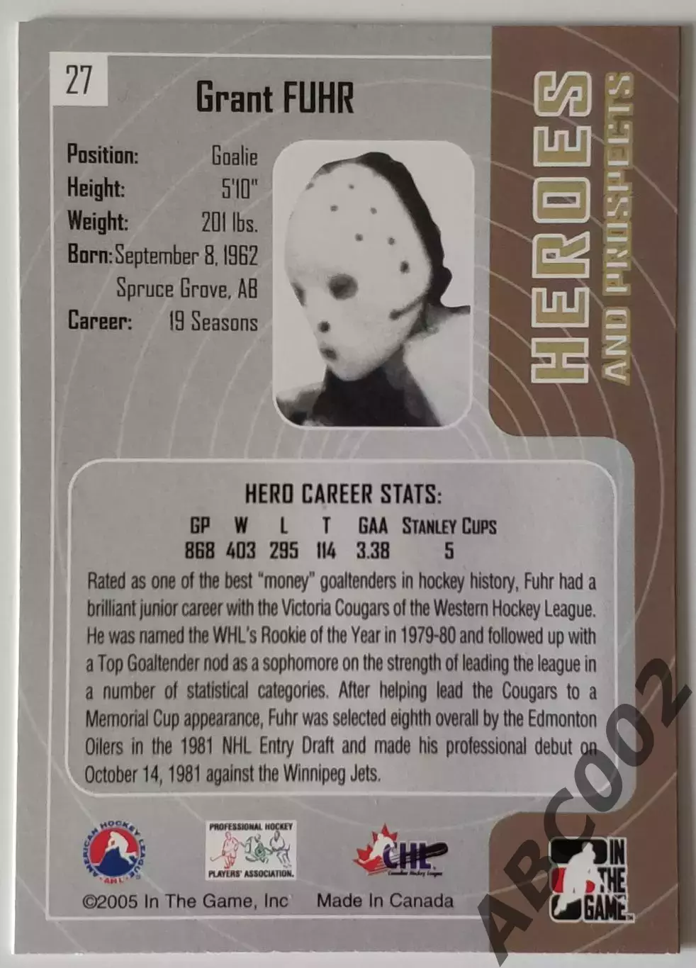 Карточка НХЛ / Grant Fuhr / Oilers / In The Game Heroes 1