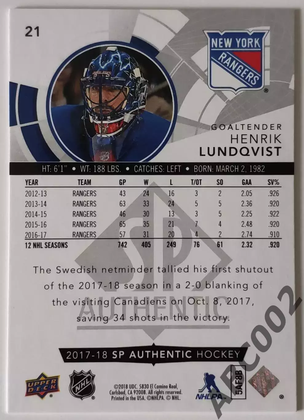 Карточка НХЛ / Henrik Lundqvist / Rangers / SP Authentic 1