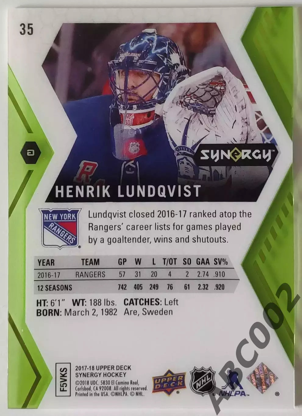 Карточка НХЛ / Henrik Lundqvist / Rangers / Synergy 1