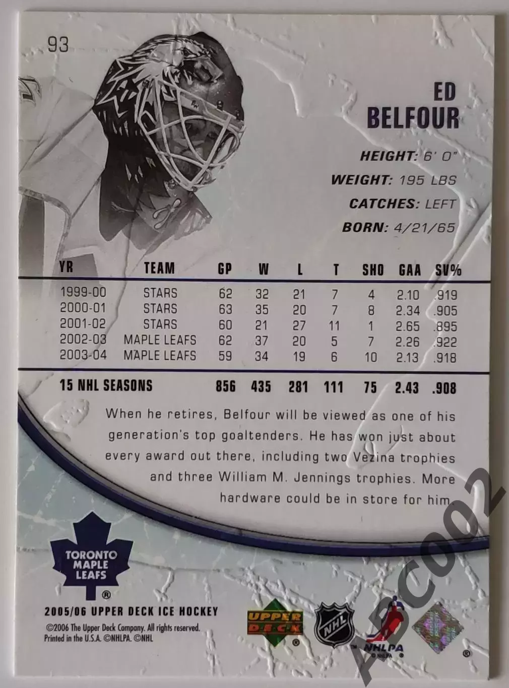 Карточка НХЛ / Ed Belfour / Maple Leafs / Ice 1