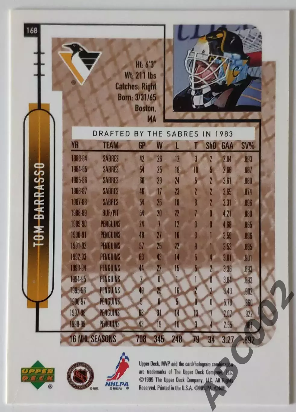 Карточка НХЛ / Tom Barrasso / Penguins / MVP 1