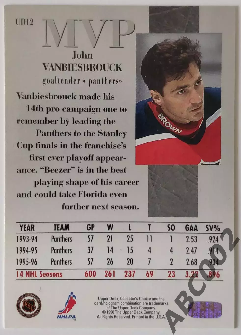 Карточка НХЛ / John Vanbiesbrouck / Panther / MVP 1