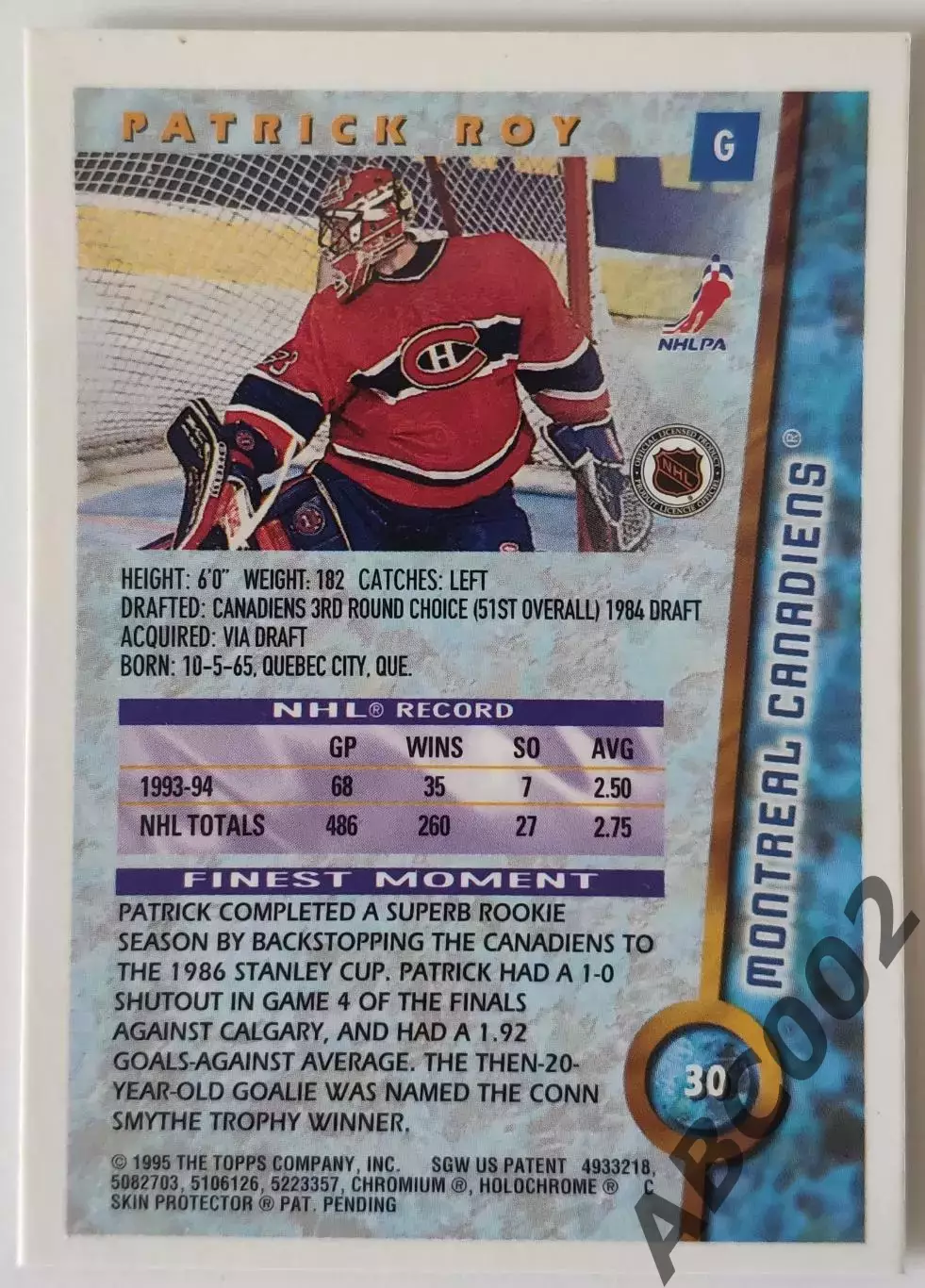 Карточка НХЛ / Patrick Roy / Canadiens / Topps Finest 1
