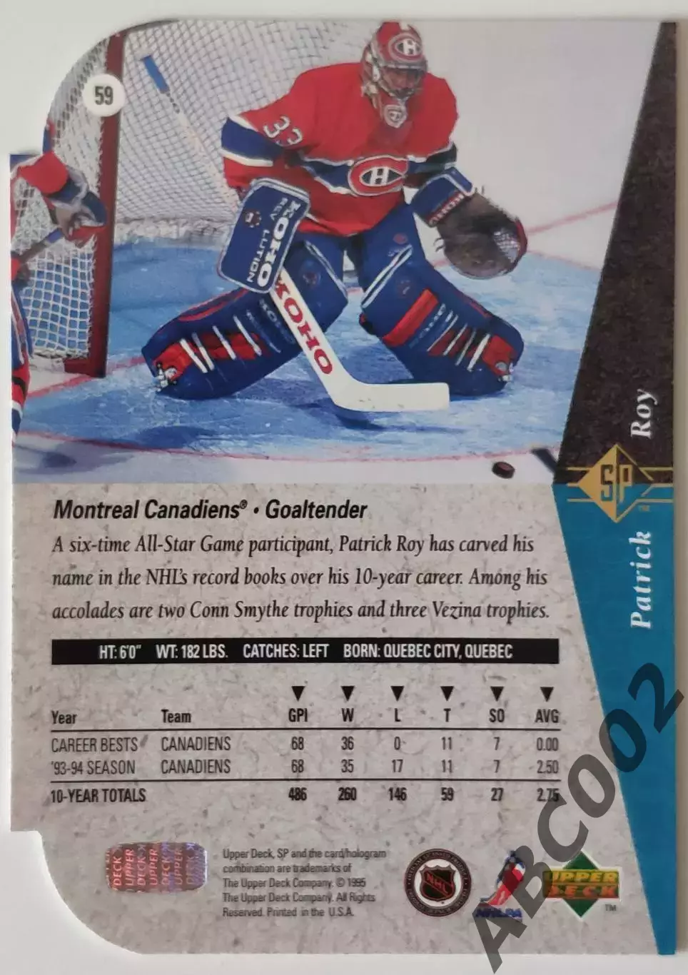 Карточка НХЛ / Patrick Roy / Canadiens / SP 1