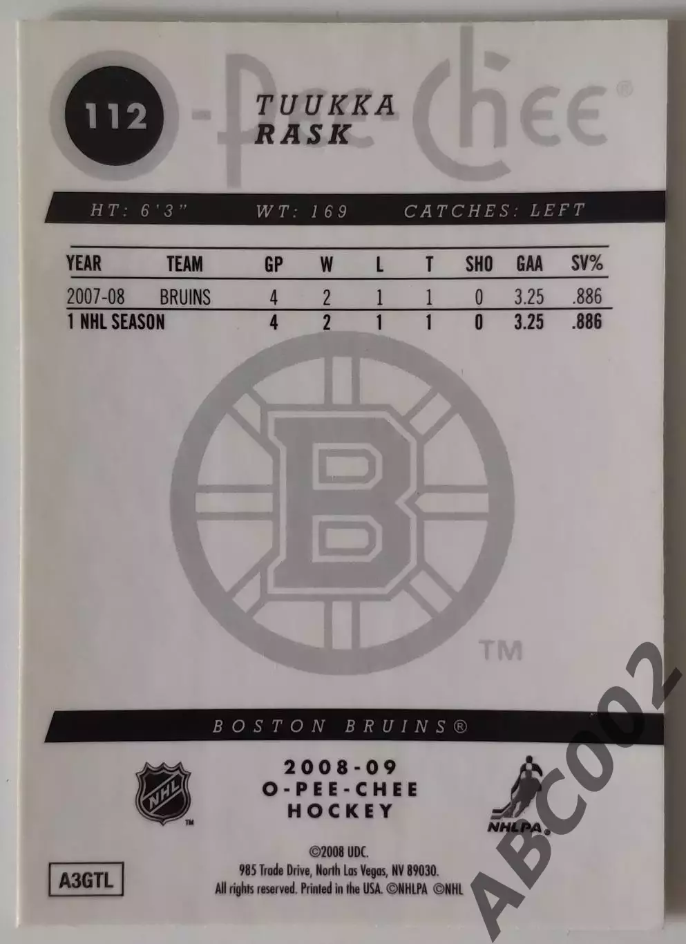 Карточка НХЛ / Tuuka Rask / Bruins / O-Pee-Chee 1