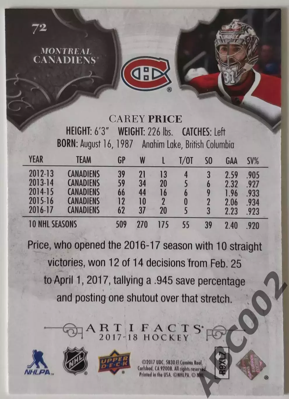 Карточка НХЛ / Carey Price / 13 из 55 / Canadiens / Artifacts 1