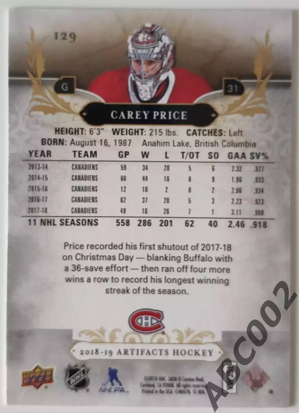 Карточка НХЛ / Carey Price / 525 из 699 / Canadiens / Artifacts 1
