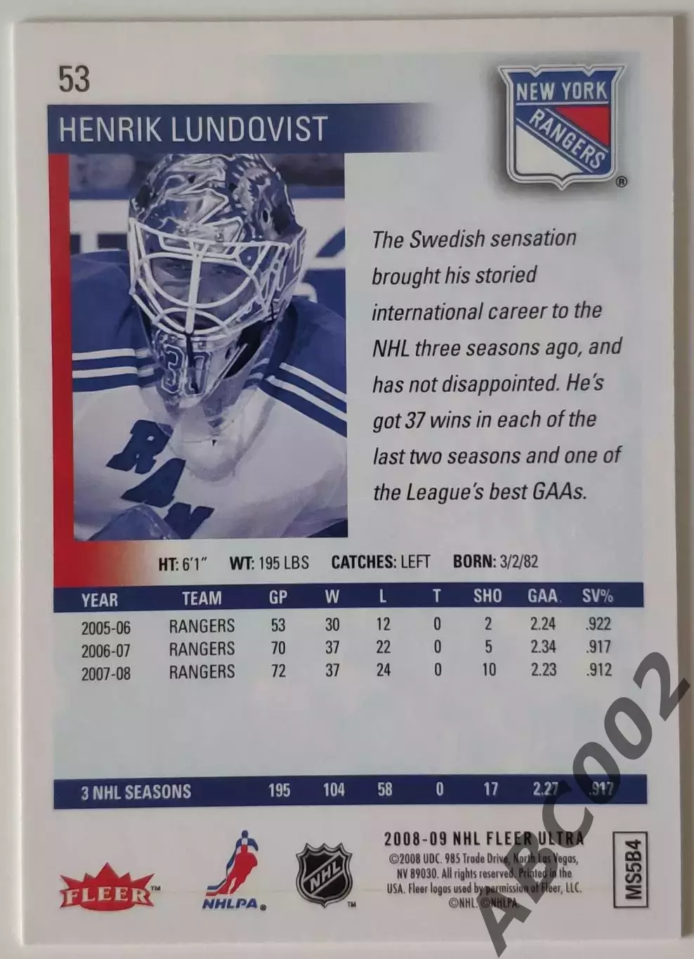 Карточка НХЛ / Henrik Lundqvist / Rangers / Fleer Ultra 1