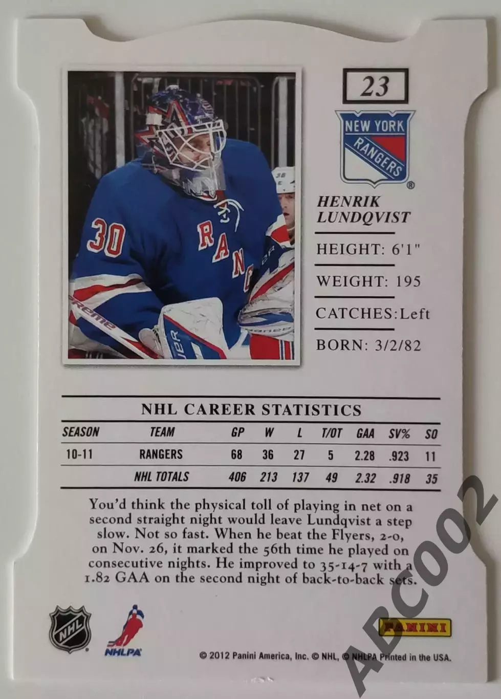 Карточка НХЛ / Henrik Lundqvist / Rangers / Elite 1