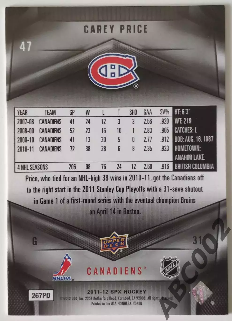Карточка НХЛ / Carey Price / Canadiens / SPX 1
