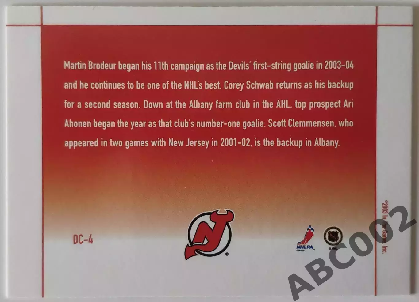 Карточка НХЛ / Brodeur-Schwab-Ahonen-Clemmense / Deep In The Crease / DC-4 1
