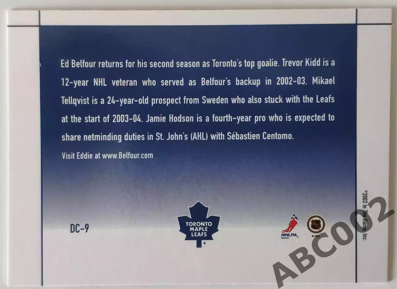 Карточка НХЛ / Belfour-Kidd-Tellqvist-Centomo-Hodson / Deep In The Crease / DC-9 1