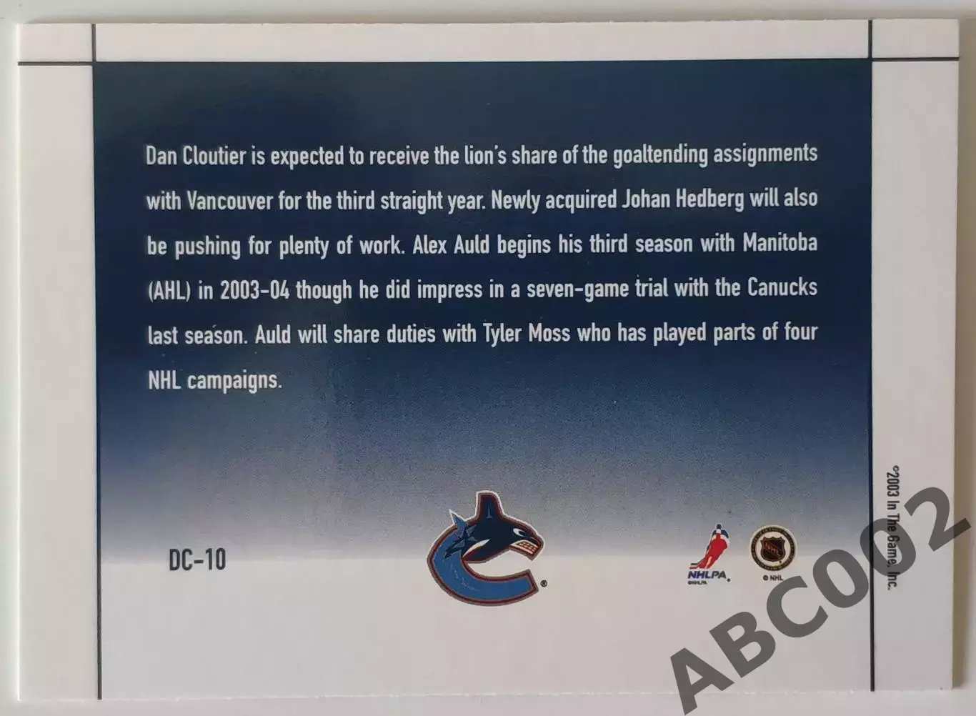 Карточка НХЛ / Cloutier-Hedberg-Auld-Moss / Deep In The Crease / DC-10 1