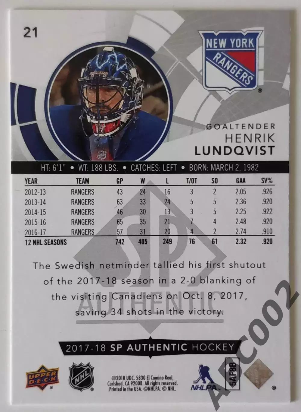 Карточка НХЛ / Henrik Lundqvist / Rangers / SP Authentic 1