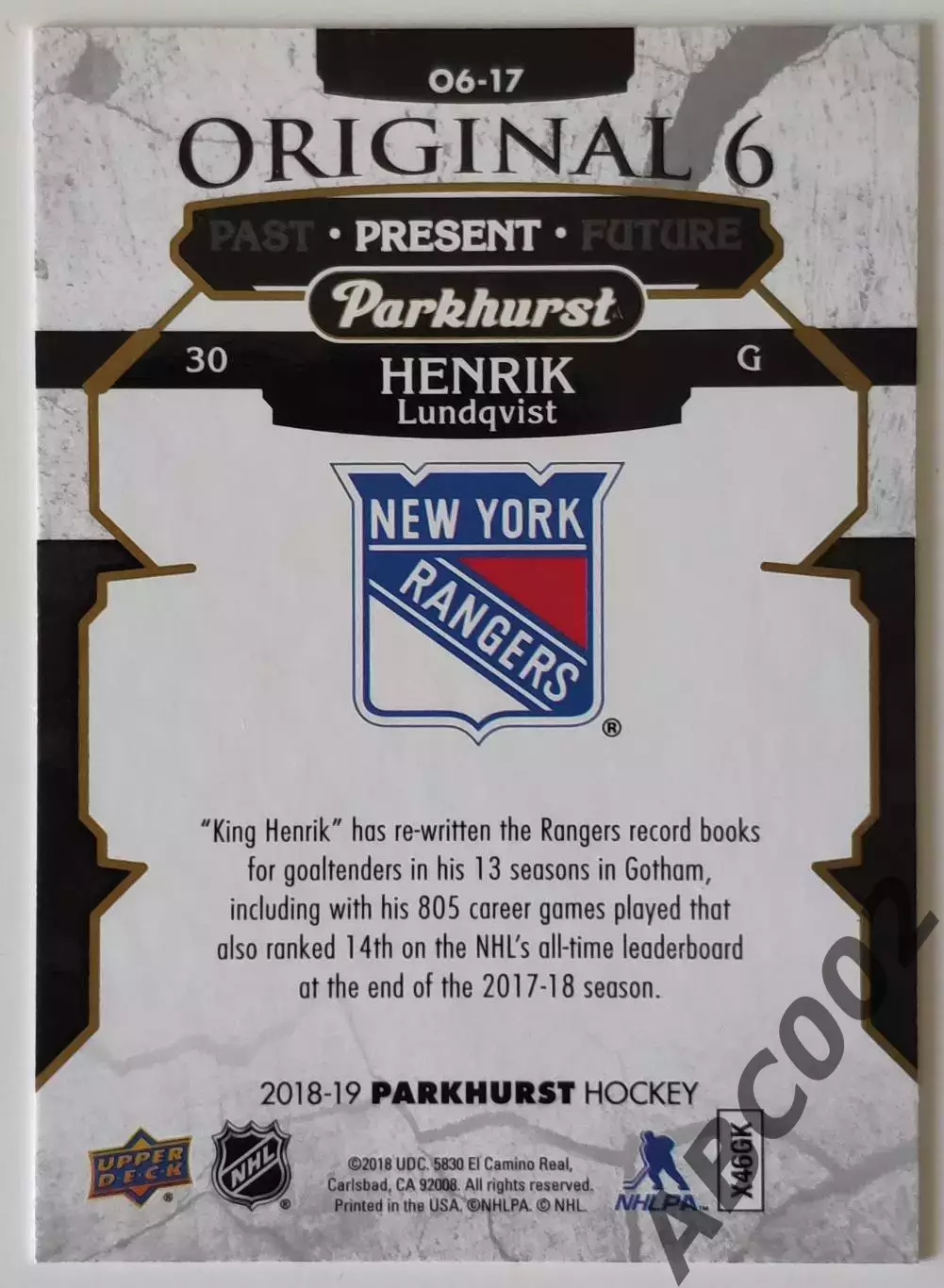 Карточка НХЛ / Henrik Lundqvist / Rangers / Parkhurst 1
