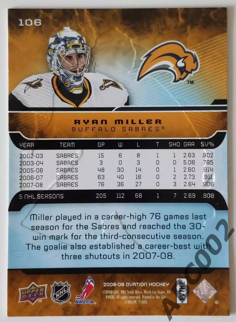 Карточка НХЛ / Ryan Miller / Sabres / Ovation 1