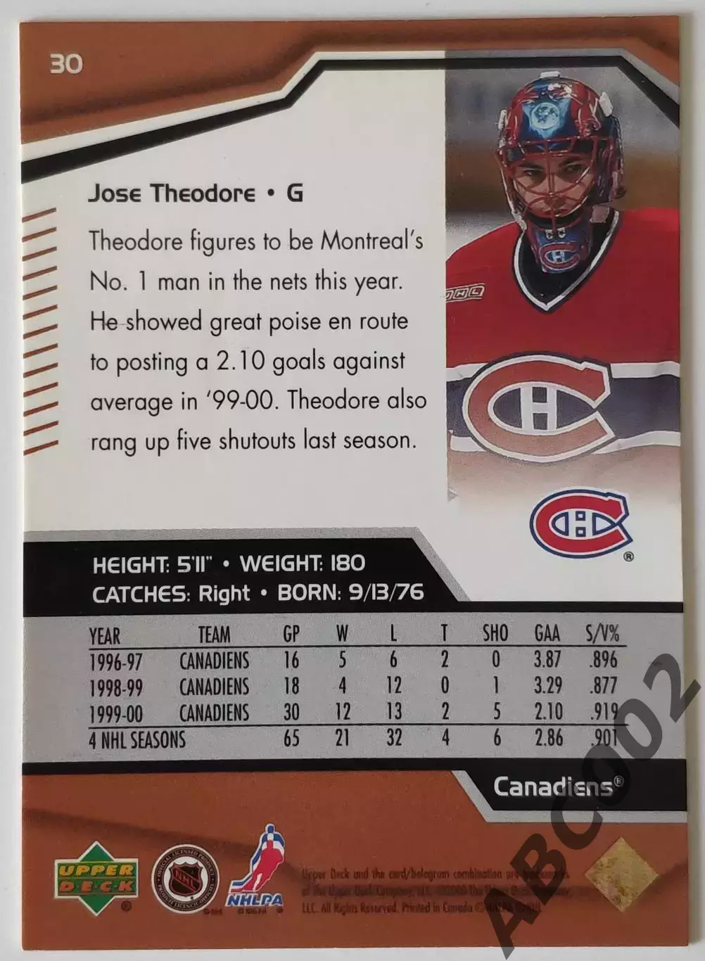 Карточка НХЛ / Jose Theodore / Canadiens / Black Diamond 1