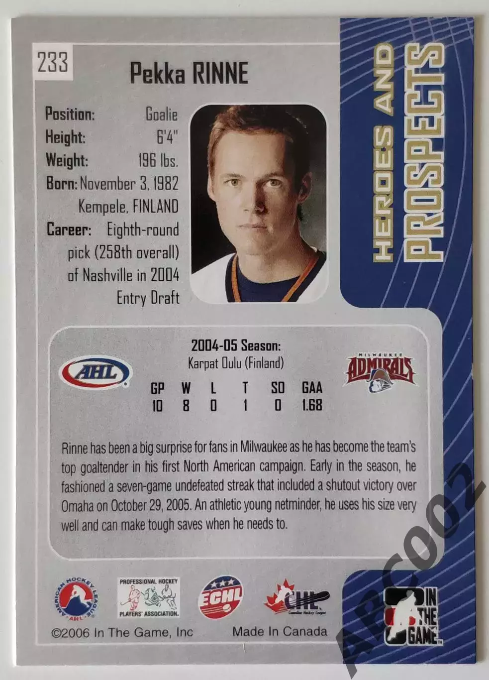 Карточка НХЛ / Pekka Rinne / AHL / Heroes & Prospects 1