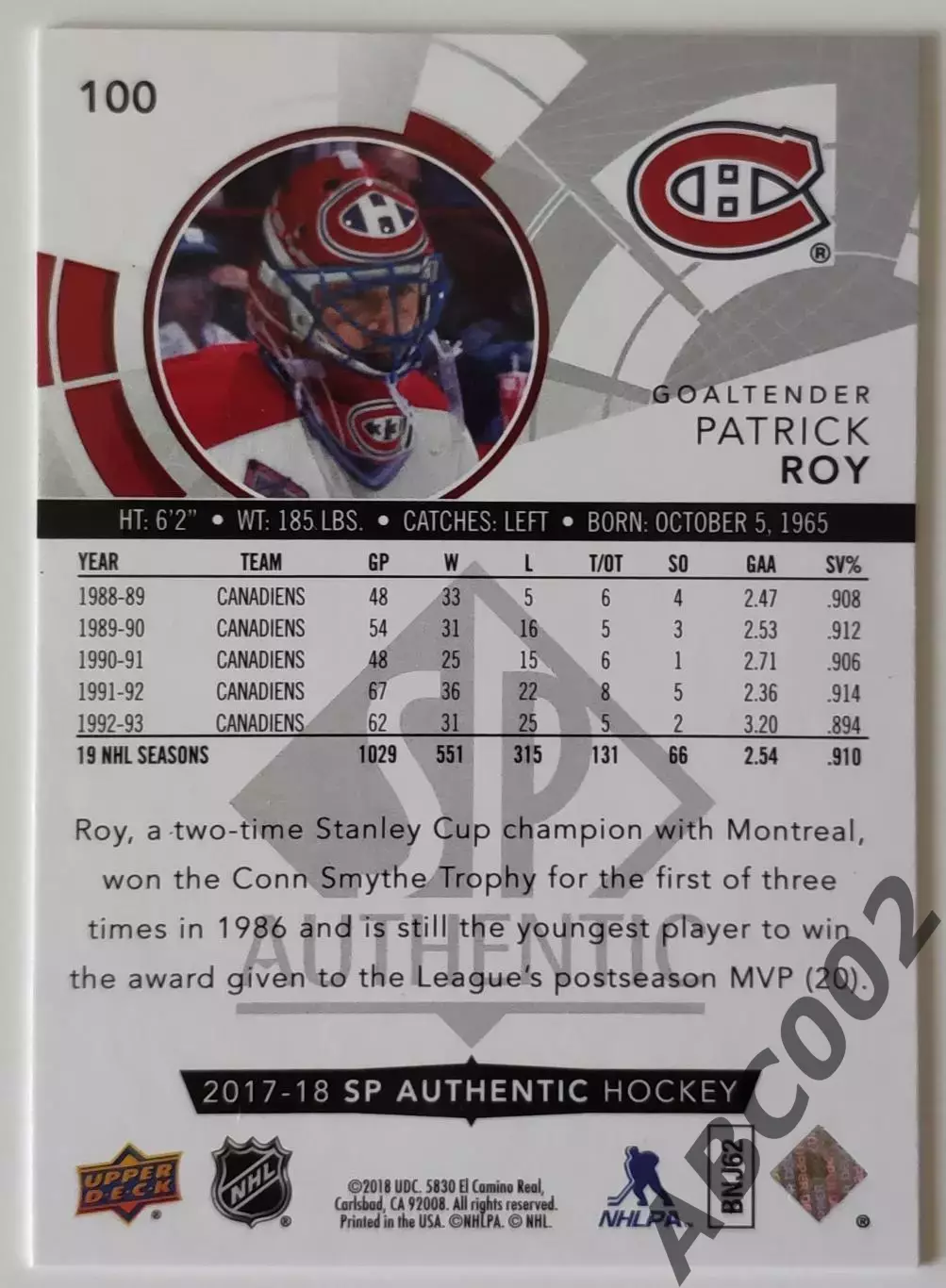 Карточка НХЛ / Patrick Roy / Canadiens / SP Authentic 1
