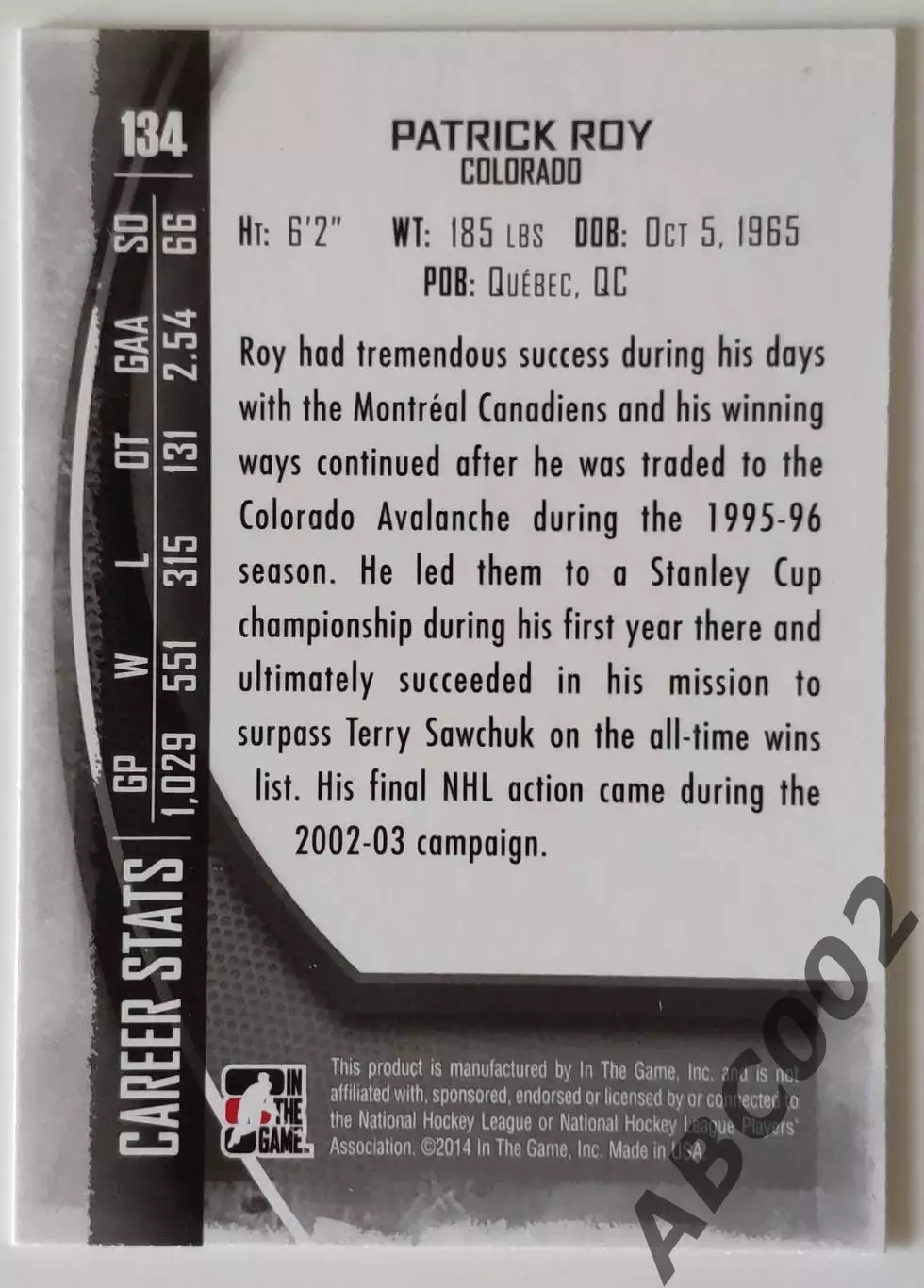 Карточка НХЛ / Patrick Roy / Colorado / Between The Pipes 1