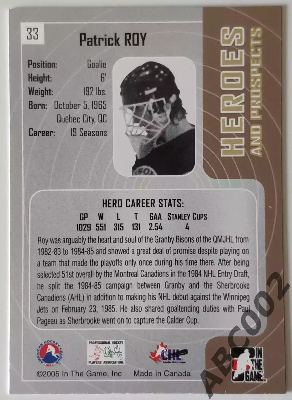 Карточка НХЛ / Patrick Roy / Bisons / Heroes & Prospects 1