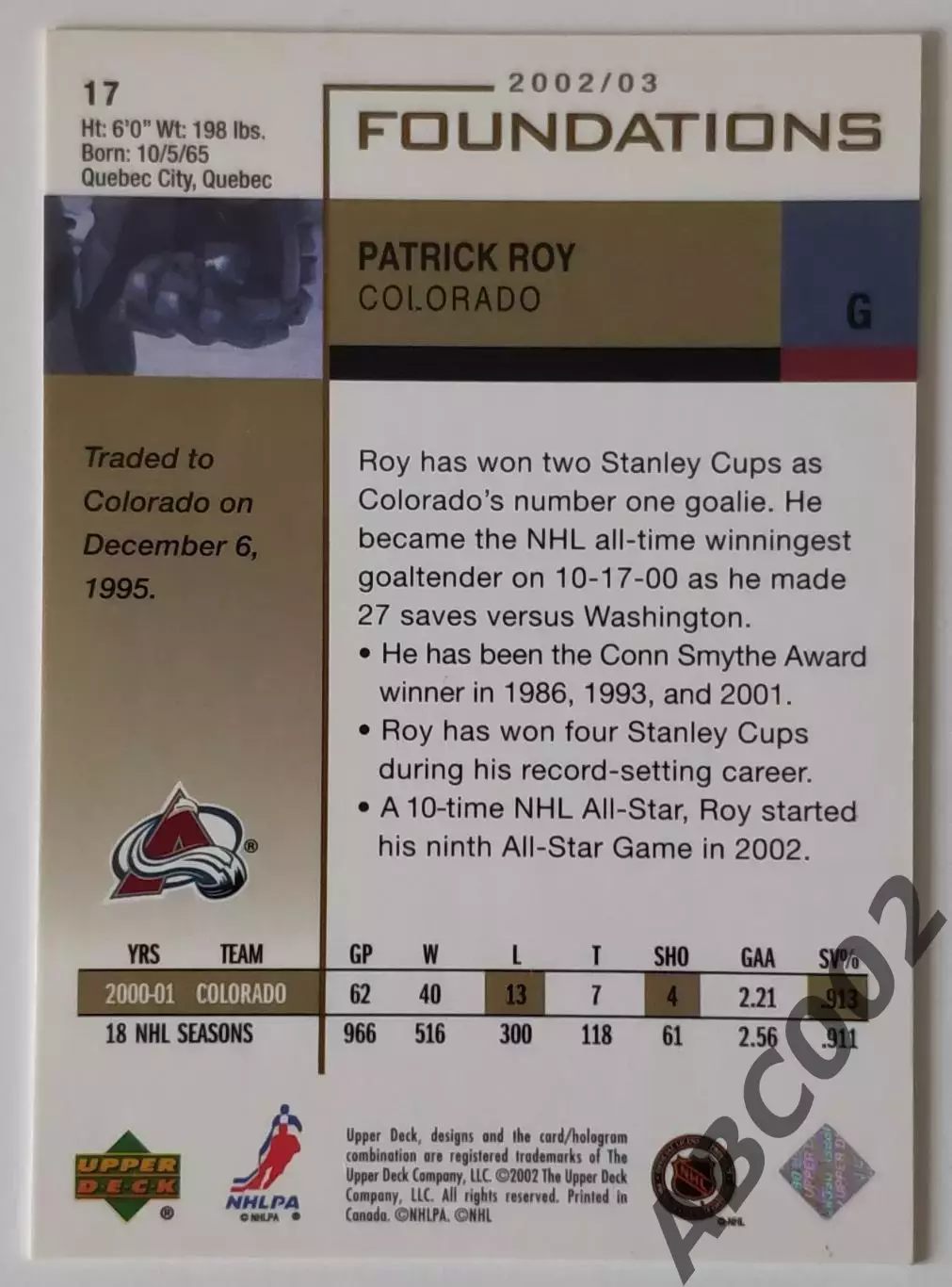 Карточка НХЛ / Patrick Roy / Colorado / Foundations 1