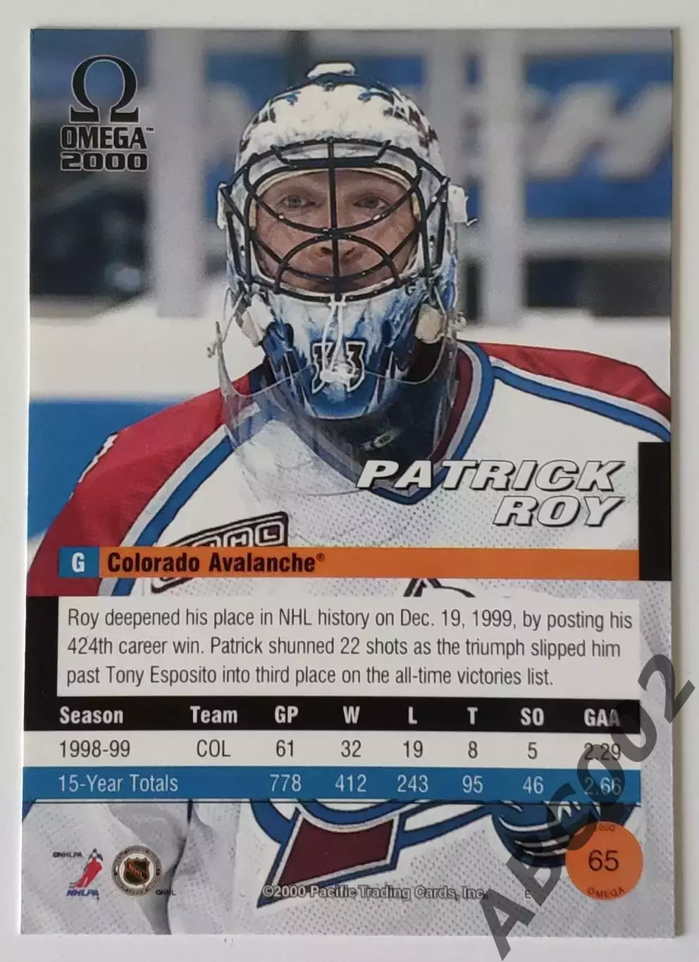Карточка НХЛ / Patrick Roy / Colorado / Omega 1