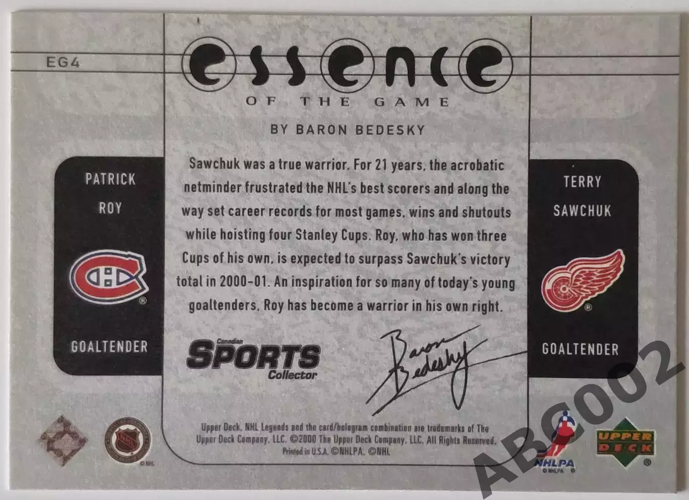 Карточка НХЛ / Patrick Roy / Canadiens / NHL Legends 1