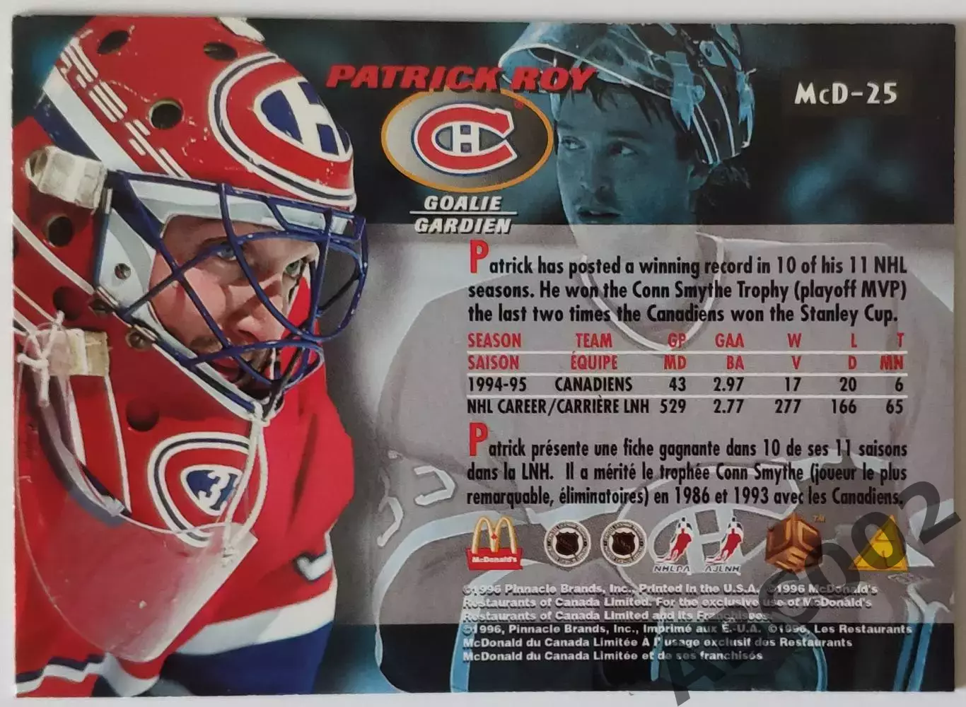 Карточка НХЛ / Patrick Roy / Canadiens / Pinnacle 1