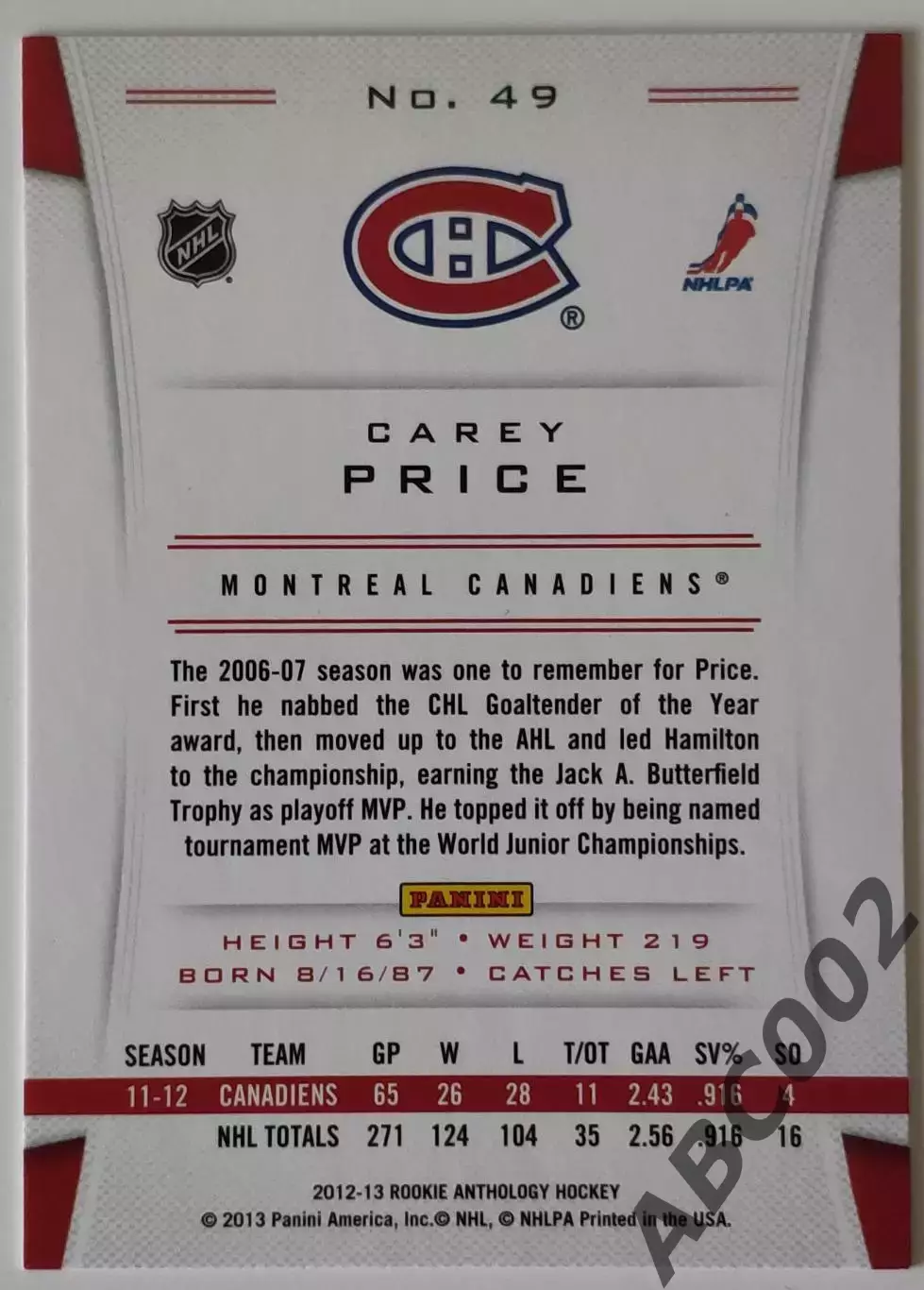 Карточка НХЛ / Carey Price / Canadiens / Rookie Anthology 1