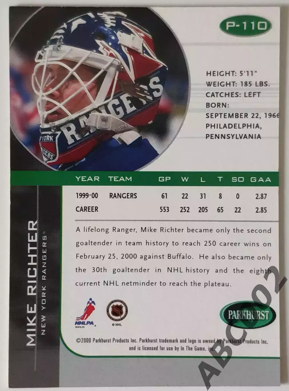 Карточка НХЛ / Mike Richter / Rangers / Parkhurst 1