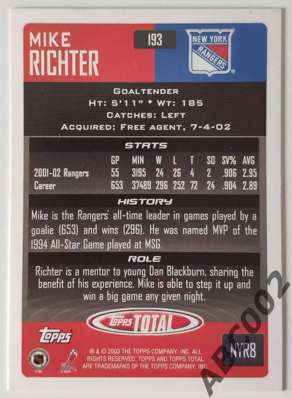 Карточка НХЛ / Mike Richter / Rangers / Topps Total 1