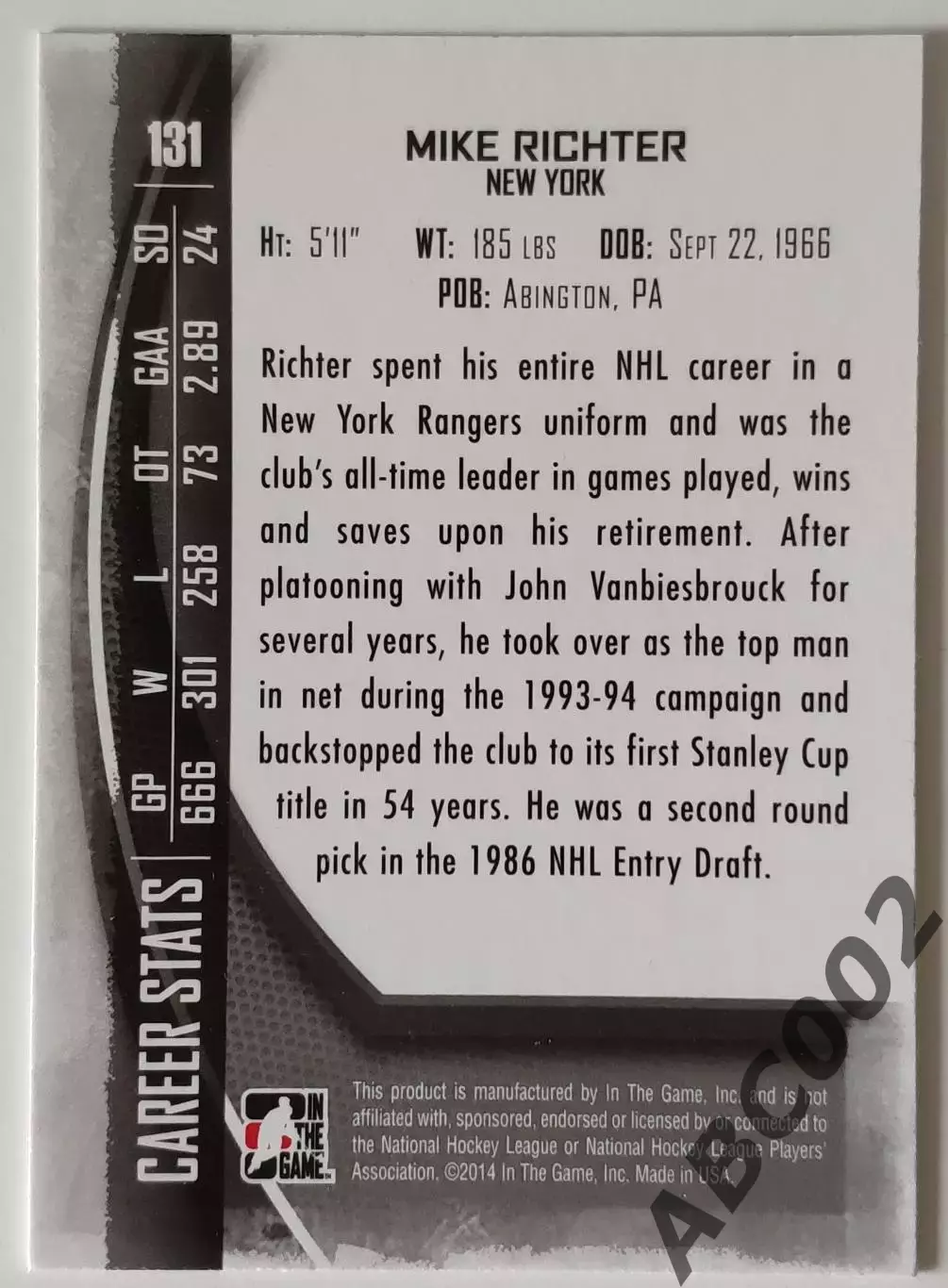 Карточка НХЛ / Mike Richter / Rangers / Between The Pipes 1