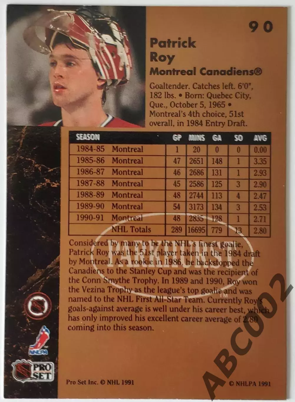 Карточка НХЛ / Patrick Roy / Canadiens / Parkhurst 1