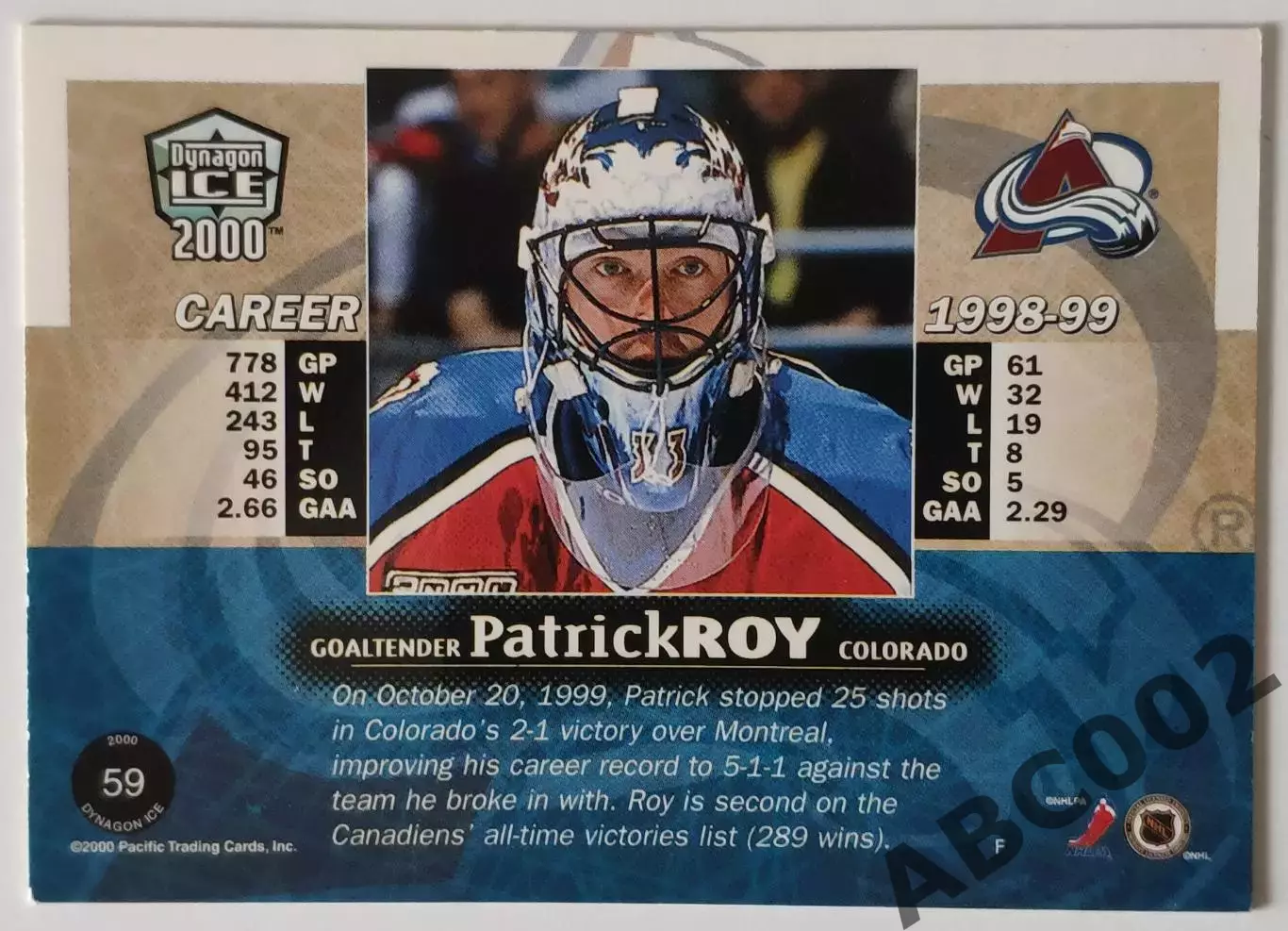 Карточка НХЛ / Patrick Roy / Colorado / Ice 1