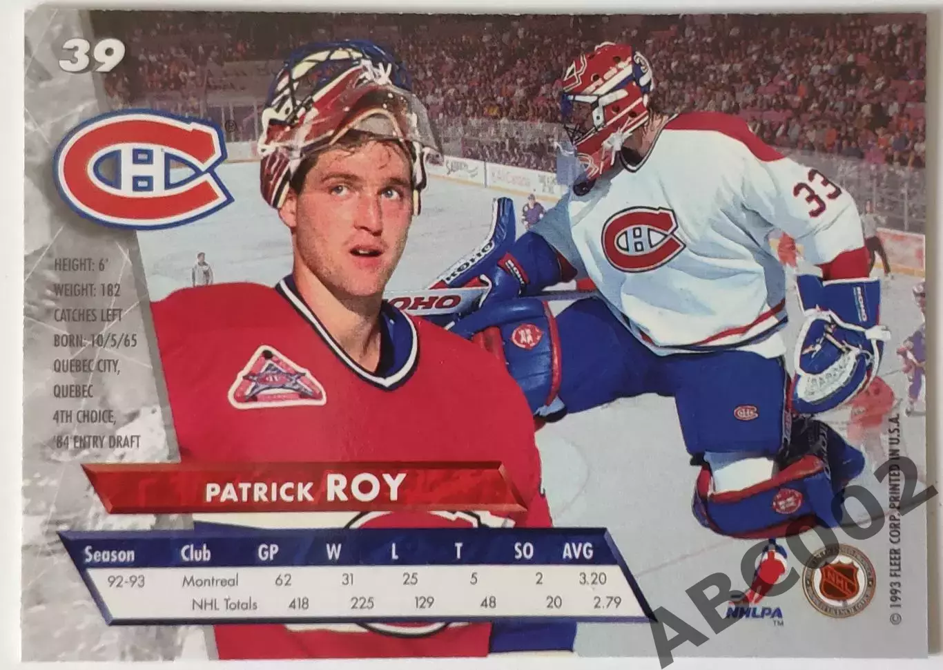 Карточка НХЛ / Patrick Roy / Canadiens / Fleer Ultra 1