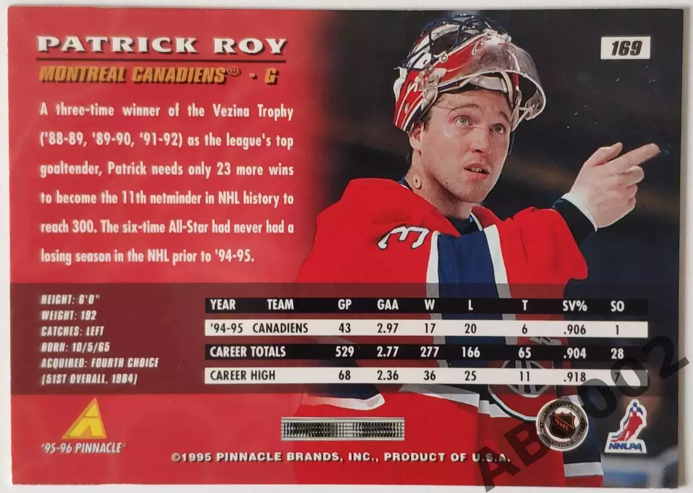 Карточка НХЛ / Patrick Roy / Canadiens / Pinnacle 1