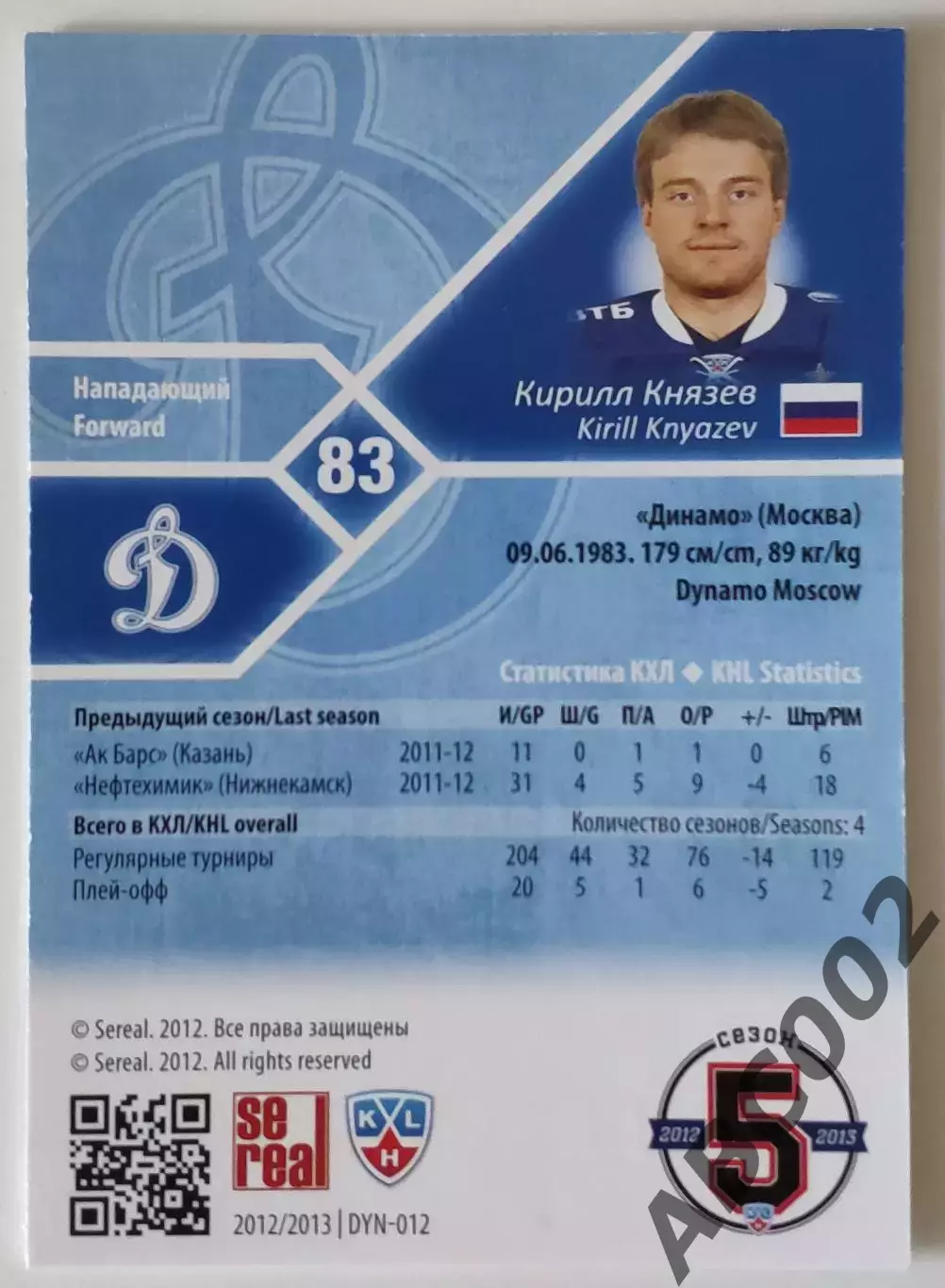 Карточка КХЛ / Кирилл Князев / 65 из 100 / Динамо Мсоква 1