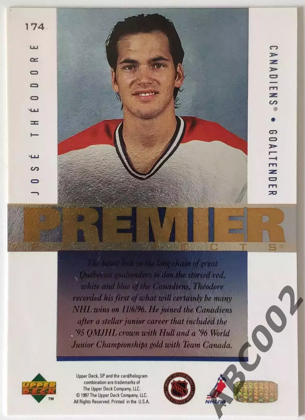 Карточка НХЛ / Jose Theodore / Canadiens / Premier 1