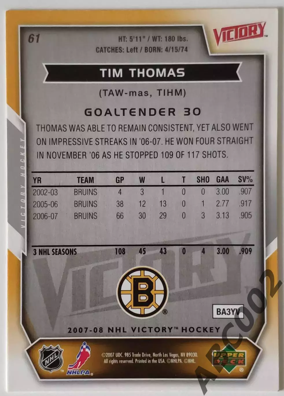Карточка НХЛ / Tim Thomas / Bruins / Victory 1