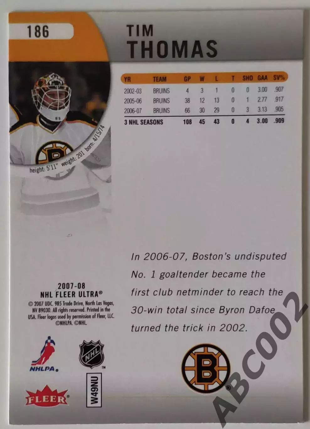 Карточка НХЛ / Tim Thomas / Bruins / Fleer Ultra 1