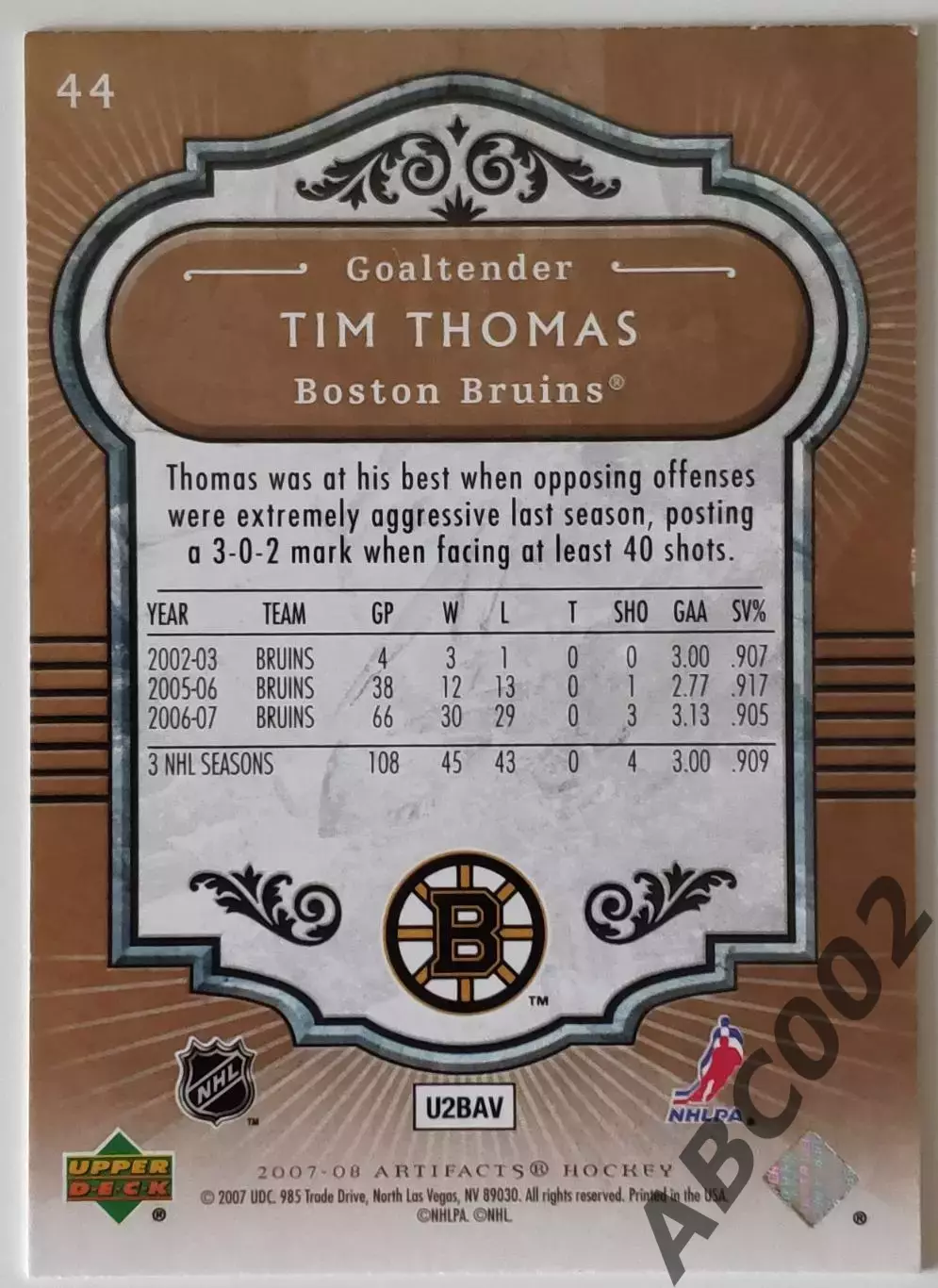 Карточка НХЛ / Tim Thomas / Bruins / Artifacts 1