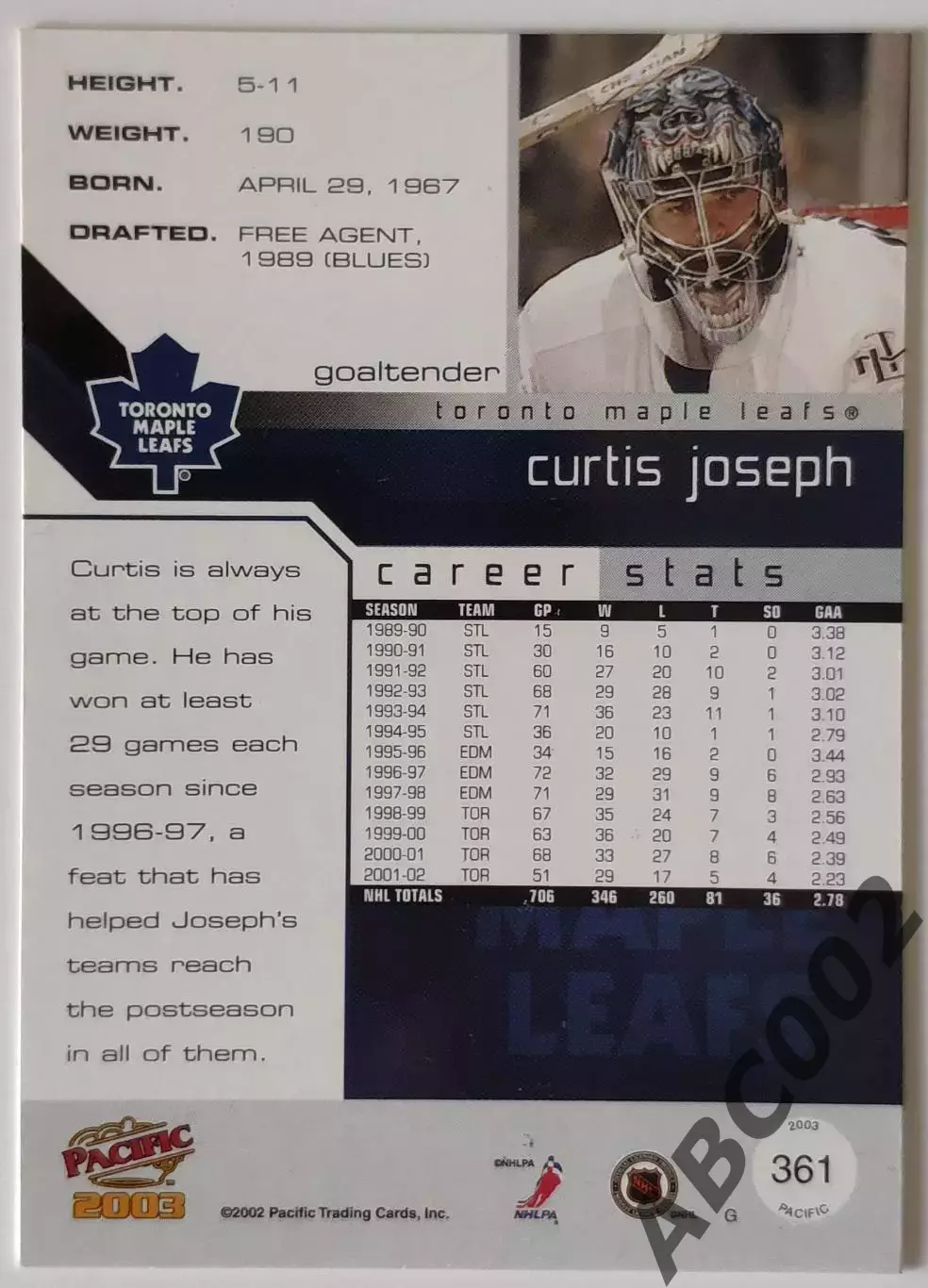 Карточка НХЛ / Curtis Joseph / Maple Leafs / Pacific 1