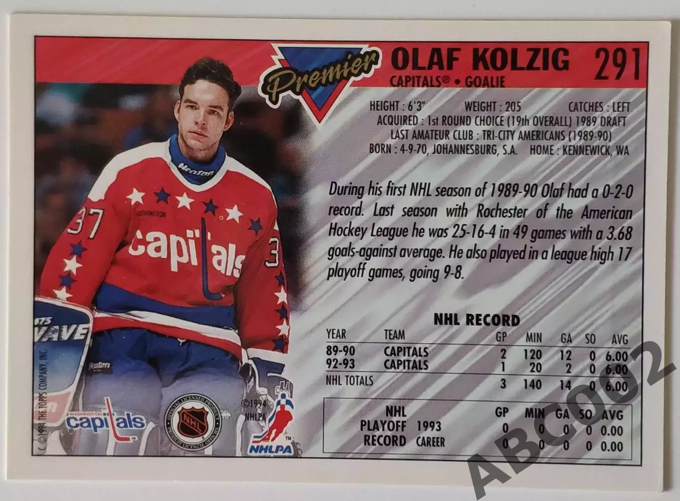 Карточка НХЛ / Olaf Kolzig / Capitals / Topps 1