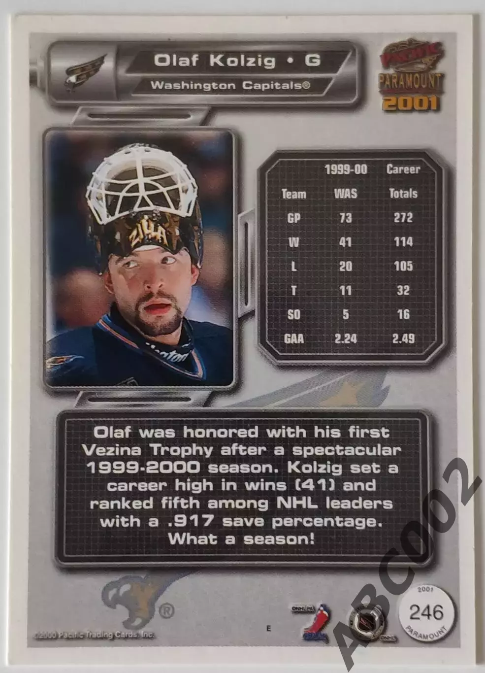 Карточка НХЛ / Olaf Kolzig / Capitals / Pacific Paramount 1