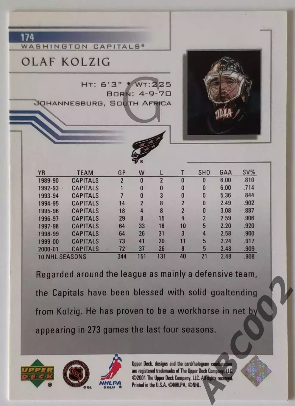 Карточка НХЛ / Olaf Kolzig / Capitals / Upper Deck 1