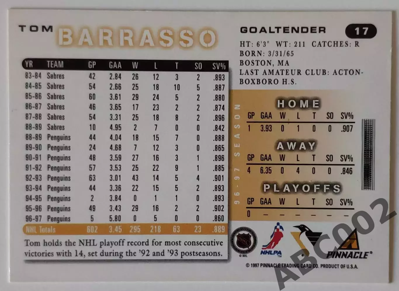 Карточка НХЛ / Tom Barrasso / Penguins / Pinnacle 1