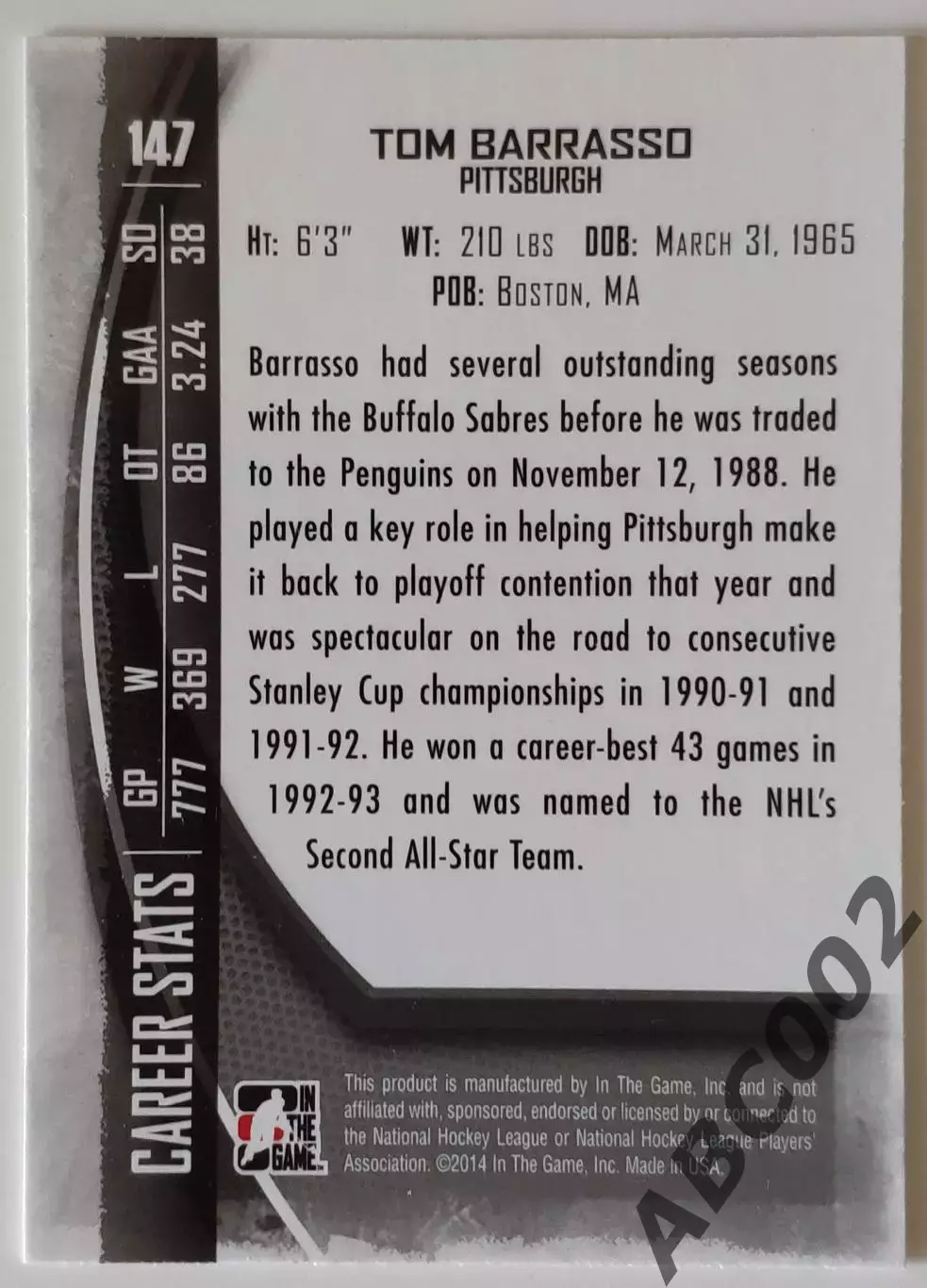 Карточка НХЛ / Tom Barrasso / Penguins / Between The Pipes 1