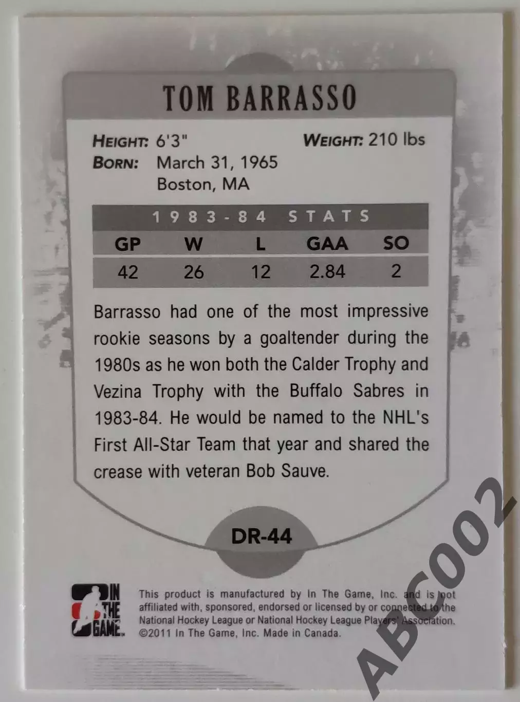 Карточка НХЛ / Tom Barrasso / Penguins / Decades Rookie 1
